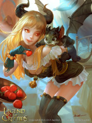 Rule 34 | 10s, 1girl, 2015, adora dragon maiden, animal, animal on shoulder, bare shoulders, bell, blonde hair, blue gloves, breasts, cleavage, company name, copyright name, crowgod, dated, dragon, food, fruit, fruit bowl, gloves, grey thighhighs, highres, horns, leaning forward, legend of the cryptids, licking lips, long hair, official art, red eyes, saliva, signature, solo, thighhighs, tongue, tongue out