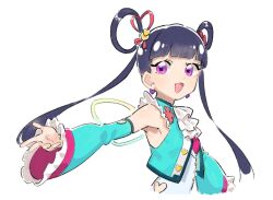 Rule 34 | 1girl, :d, ascot, bare shoulders, black hair, blue jacket, blue sleeves, blunt bangs, detached sleeves, earrings, fugota6509, hair rings, heart, heart earrings, idol clothes, jacket, jewelry, kiratto pri chan, long hair, looking at viewer, melpan (pri chan), open mouth, outstretched arm, pretty series, purple eyes, simple background, sleeveless, sleeveless jacket, smile, solo, star-shaped pupils, star (symbol), symbol-shaped pupils, twintails, upper body, white ascot, white background, wings