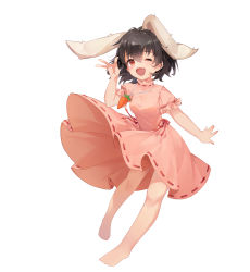 Rule 34 | 1girl, absurdres, animal ears, barefoot, black hair, blush, breasts, carrot necklace, commentary request, dress, fang, floppy ears, frilled sleeves, frills, full body, hair between eyes, highres, inaba tewi, jewelry, looking at viewer, mmsmms, necklace, one eye closed, open mouth, pink dress, rabbit ears, rabbit girl, red eyes, ribbon-trimmed dress, short hair, simple background, skin fang, small breasts, smile, solo, tachi-e, touhou, white background