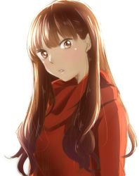 Rule 34 | 1girl, blush, brown eyes, brown hair, character request, imai asami, long hair, looking at viewer, morihaw, parted lips, real life, red sweater, ribbed sweater, simple background, solo, sweater, upper body, white background