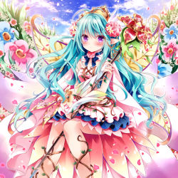Rule 34 | 1girl, blue hair, blush, commentary request, dress, fairy, flower, frills, hair ornament, kidatsu! dungeons lord, long hair, nogi takayoshi, official art, original, petals, pointy ears, purple eyes, rifuren (kidatsu! dungeons lord), sidelocks, sitting, sky, solo, staff, tiara