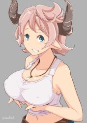 Rule 34 | 10s, bare shoulders, blouse, breasts, cleavage, draph, granblue fantasy, grey background, grin, horns, jewelry, karva (granblue fantasy), kichihachi, large breasts, messy hair, necklace, pendant, pink hair, pointy ears, shirt, short hair, simple background, smile, solo, tank top, white shirt