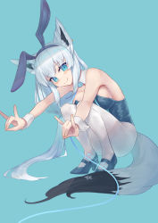Rule 34 | 1girl, :&gt;, absurdres, animal ear fluff, animal ears, artist name, bare arms, bare shoulders, blue eyes, blue footwear, blue leotard, breasts, bunny day, commentary request, constricted pupils, detached collar, fake animal ears, fox ears, fox girl, fox shadow puppet, fox tail, full body, high heels, highres, hololive, knees together feet apart, large breasts, leash, leotard, long hair, looking at viewer, null suke, pantyhose, playboy bunny, shirakami fubuki, sideboob, simple background, solo, split mouth, spread legs, squatting, tail, very long hair, virtual youtuber, white pantyhose, wrist cuffs