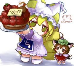Rule 34 | 2girls, animal ear fluff, animal ear headwear, animal ear piercing, animal ears, blonde hair, blue tabard, blush stickers, brown eyes, brown hair, cake, cat ears, cat tail, chen, chibi, closed mouth, commentary, dress, fake animal ears, food, fox tail, frilled skirt, frills, fruit, full body, fumo (doll), green headwear, hand to own mouth, hands up, hat, hat tassel, highres, holding, holding cake, holding food, holding plate, jitome, long sleeves, looking at viewer, making-of available, mob cap, multiple girls, multiple tails, plate, puff of air, red skirt, red vest, shirt, short hair, size difference, skirt, socks, sparkle, standing, strawberry, symbol-only commentary, tabard, tail, touhou, two tails, vest, white background, white dress, white headwear, white shirt, white socks, yakumo ran, yakumora n, yellow eyes
