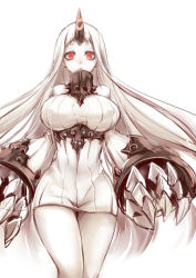 Rule 34 | 10s, 1girl, abyssal ship, breasts, detached sleeves, dress, covered erect nipples, horns, kantai collection, large breasts, long hair, pale skin, red eyes, ribbed dress, seaport princess, short dress, single horn, solo, thighs, tobi (one), very long hair, white background, white hair, wide hips
