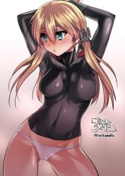 Rule 34 | 10s, 1girl, :o, aqua eyes, arms up, artist name, blonde hair, blush, breasts, covered navel, cowboy shot, female focus, gradient background, hair between eyes, jpeg artifacts, kantai collection, large breasts, panties, prinz eugen (kancolle), simple background, skin tight, solo, tokita monta, twintails, underwear, white panties