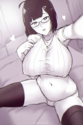 Rule 34 | 1girl, ahoge, bare shoulders, bed, bedroom, blunt bangs, blush, breasts, commentary, english commentary, ganzu, glasses, hair ornament, hairclip, heart, highres, indoors, jewelry, large breasts, looking at viewer, monochrome, navel, necklace, original, panties, parted lips, ribbed sweater, selfie, short hair, sleeveless, stomach, sweater, thighhighs, thighs, turtleneck, turtleneck sweater, underwear