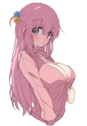 Rule 34 | 1girl, blue eyes, blush, bocchi the rock!, breasts, cleavage, cube hair ornament, gotoh hitori, hair between eyes, hair ornament, hair over eyes, highres, jacket, large breasts, long hair, long sleeves, looking at viewer, mel (melty pot), one side up, open mouth, pink hair, pink jacket, simple background, solo, track jacket, unzipping, white background, zipper, zipper pull tab
