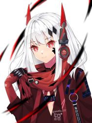 Rule 34 | 1girl, absurdres, hair ornament, highres, long hair, looking at viewer, lucia: crimson abyss (punishing: gray raven), mechanical arms, punishing: gray raven, red eyes, scarf, simple background, smile, solo, user yedt7473, white hair