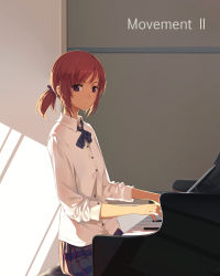 Rule 34 | 10s, 1girl, blue eyes, bow, bowtie, highres, huanxiang heitu, instrument, looking at viewer, love live!, love live! school idol project, music, nishikino maki, piano, playing instrument, purple eyes, red hair, school uniform, serious, shirt, short hair, short twintails, sidelocks, sitting, sleeves pushed up, solo, twintails, white shirt, wing collar