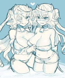 Rule 34 | 2girls, ;q, animal ears, asymmetrical docking, bell, belly, bikini, blush, bra, bra pull, breast press, breasts, cleavage, clothes pull, collar, cow ears, cow horns, cow tail, cowbell, d:, d:&lt;, detached sleeves, dual persona, elsie-san (oshiruko), fang, heart, horns, huge breasts, large breasts, licking lips, looking at viewer, monochrome, multiple girls, navel, neck bell, one eye closed, open mouth, original, oshiruko (tsume), partially submerged, plump, sagging breasts, short hair with long locks, short shorts, shorts, sketch, swimsuit, tail, thighs, tongue, tongue out, two side up, underwear, undressing, v-shaped eyebrows, wading, water, wavy hair