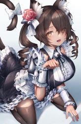 Rule 34 | 1girl, :d, animal ear fluff, apron, bell, blush, bow, breasts, brown hair, cat girl, cat tail, destiny child, dress, drill hair, flower, frills, hair bell, hair flower, hair ornament, hair over one eye, hair ribbon, kneeling, large breasts, long hair, looking at viewer, maid, maid apron, maid headdress, open mouth, paw pose, pink flower, pink rose, puffy short sleeves, puffy sleeves, ribbon, rose, serket (destiny child), short sleeves, smile, snm (sunimi), solo, tail, tail bow, tail ornament, thighhighs, twin drills, twintails, wrist cuffs