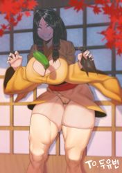 Rule 34 | 10s, 1girl, between breasts, black hair, boruto: naruto next generations, breasts, cameltoe, cleavage, curvy, daft v lim, grin, highres, hyuuga hanabi, japanese clothes, kimono, kunai, large breasts, legs, long hair, looking at viewer, muscular, muscular female, naruto (series), pickle, purple eyes, smile, solo, standing, teeth, thick thighs, thighhighs, thighs, thong, weapon