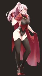Rule 34 | 1girl, absurdres, black background, black legwear, braid, breasts, cape, cup, drinking glass, fangs, fire emblem, fire emblem awakening, full body, gloves, halloween costume, highres, long hair, medium breasts, nintendo, olivia (fire emblem), open mouth, pink hair, ponytail, red cape, red eyes, red gloves, side braid, simple background, skeptycally, solo, standing, twin braids, wine glass
