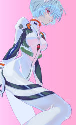 Rule 34 | 1girl, absurdres, artist request, ayanami rei, blue hair, bodysuit, breasts, cowboy shot, curvy, expressionless, hair between eyes, highres, long hair, looking to the side, medium breasts, neon genesis evangelion, pink background, plugsuit, red eyes, shiny clothes, short hair, simple background, solo, two side up, very long hair, white bodysuit, wide hips