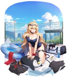 Rule 34 | 1girl, :o, absurdres, ahoge, bag, bare arms, bare shoulders, black choker, black one-piece swimsuit, black serafuku, black shirt, black skirt, blonde hair, breasts, choker, cleavage, counter:side, day, duffel bag, edith twins, full body, goggles, goggles on head, highres, huge filesize, innertube, large breasts, long hair, looking at viewer, miniskirt, official alternate costume, official art, one-piece swimsuit, open mouth, outdoors, school swimsuit, school uniform, scrunchie, serafuku, shirt, skirt, solo, strap slip, stuffed animal, stuffed toy, swim ring, swimsuit, thigh strap, thighs, transparent background, unworn shirt, unworn skirt, very long hair, wavy hair, wrist scrunchie, yellow eyes