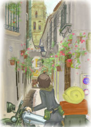 Rule 34 | 00s, 1girl, alley, androgynous, brown hair, building, flower, flower pot, gun, hermes (kino no tabi), kino (kino no tabi), kino no tabi, luggage, motor vehicle, motorcycle, outdoors, plant, potted plant, reverse trap, road, short hair, solo, street, vanishing point, vehicle, weapon