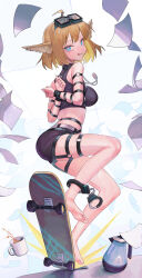 Rule 34 | 1girl, absurdres, aciddrop (arknights), ahoge, ankle cuffs, arknights, arms behind back, barefoot, bdsm, blonde hair, blue eyes, bondage, bound, bound arms, coffee mug, coffee pot, cup, goggles, goggles on head, highres, looking at viewer, midriff, mug, saaal653, second-party source, skateboard, solo, variant set