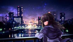 Rule 34 | 1girl, bad id, bad twitter id, black hair, blue eyes, blush, bridge, city, cityscape, commentary request, from behind, highres, idolmaster, idolmaster cinderella girls, light smile, long hair, looking at viewer, looking back, night, night sky, parted lips, railing, reflection, sagisawa fumika, shashaki, sky, solo, star (sky), starry sky, water