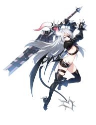 Rule 34 | absurdres, boots, bracelet, breasts, closers, demon girl, demon tail, demon wings, eyepatch, full body, gloves, grey eyes, highres, horns, huge weapon, jewelry, leg up, long hair, medium breasts, official art, partially fingerless gloves, short shorts, shorts, sideboob, silver hair, single horn, solo, sword, tail, tail ornament, thigh boots, thigh strap, thighhighs, transparent background, violet (closers), weapon, wings