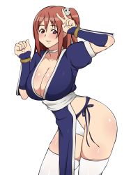 Rule 34 | 1girl, arm guards, blush, body blush, breasts, brown eyes, brown hair, choker, cleavage, contrapposto, cosplay, dead or alive, grin, highres, honoka (doa), huge breasts, kagemusha, kasumi (doa), kasumi (doa) (cosplay), leaning forward, looking at viewer, no bra, obi, one side up, panties, pelvic curtain, sash, side-tie panties, side slit, simple background, smile, solo, standing, thighhighs, underwear, v, white background, white panties, white thighhighs