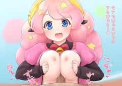 Rule 34 | 10s, 1boy, 1girl, animal ears, artist request, bell, blue eyes, blush, breasts, breasts out, breasts squeezed together, curly hair, gradient background, hair ornament, hetero, highres, horns, large breasts, long hair, moa (show by rock!!), nipples, paizuri, penis, pink hair, sheep ears, sheep horns, show by rock!!, star (symbol), star hair ornament, translation request
