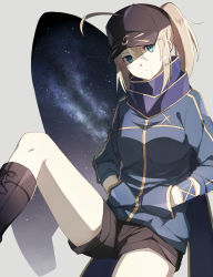 Rule 34 | 1girl, ahoge, armlet, artoria pendragon (fate), blonde hair, blue eyes, blue jacket, boots, brown footwear, brown shorts, cross-laced footwear, expressionless, fate/grand order, fate (series), fumio (kanmi), grey background, hair between eyes, hands in pockets, head tilt, highres, jacket, knee boots, long sleeves, looking at viewer, mysterious heroine x (fate), night, night sky, pink pupils, ponytail, purple scarf, rojiura satsuki : chapter heroine sanctuary, saber (fate), scarf, shoelaces, short hair, shorts, simple background, sky, solo, star (sky), starry sky, track jacket