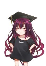 Rule 34 | 1girl, absurdres, aged down, black shirt, blush, closed eyes, commentary, hat, highres, hololive, hololive english, horns, irys (hololive), jan azure, long hair, mortarboard, multicolored hair, pointy ears, purple hair, red hair, shirt, simple background, smile, solo, symbol-only commentary, t-shirt, virtual youtuber, white background