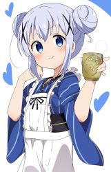 Rule 34 | 1girl, :&gt;, alternate costume, apron, arms up, blue eyes, blue hair, commentary request, cup, double bun, gochuumon wa usagi desu ka?, hair ornament, heart, highres, holding, japanese clothes, kafuu chino, liyocafe, looking at viewer, maid, short hair, simple background, solo, teacup, wa maid, x hair ornament, yunomi