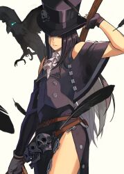 Rule 34 | 1other, absurdres, androgynous, ascot, asymmetrical gloves, bare shoulders, bird, black feathers, black gloves, black hair, chriscas, crow, feathers, fingerless gloves, gloves, guilty gear, guilty gear strive, hat, hat ornament, highres, holding, holding scythe, long hair, looking at viewer, other focus, parted lips, red eyes, scythe, skull, skull hat ornament, testament (guilty gear), top hat, white ascot, white gloves