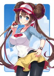 Rule 34 | 1girl, black pantyhose, blue border, blue eyes, blue sky, border, bow, breasts, brown hair, cloud, collarbone, commentary request, covered erect nipples, cowboy shot, creatures (company), day, double bun, game freak, hair bun, hand on own hip, highres, holding, holding poke ball, large breasts, long hair, looking at viewer, nintendo, omgamilla, pantyhose, pantyhose under shorts, pink bow, poke ball, poke ball (basic), poke ball print, pokemon, pokemon bw2, raglan sleeves, rosa (pokemon), short shorts, shorts, sidelocks, signature, sky, smile, solo, twintails, very long hair, visor cap, watch, wristwatch, yellow shorts
