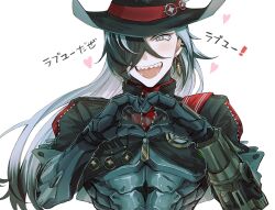 Rule 34 | 1boy, :d, black hair, black hat, black jacket, blush, boke aho nara, boothill (honkai: star rail), bullet earrings, commentary, cowboy hat, cropped jacket, crosshair pupils, cyborg, ear piercing, earrings, glint, grey eyes, hair over one eye, hat, heart, heart hands, highres, honkai: star rail, honkai (series), jacket, jewelry, long hair, looking at viewer, male focus, medal, mole, mole under eye, multicolored hair, multiple moles, open mouth, partially unzipped, piercing, red pupils, sharp teeth, short sleeves, simple background, smile, solo, symbol-only commentary, teeth, two-tone hair, upper body, white background, white hair, zipper, zipper pull tab