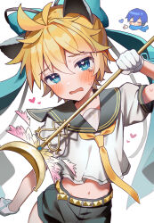 Rule 34 | 1boy, absurdres, animal ears, aqua bow, aruminsuko, black sailor collar, black shorts, blonde hair, blush, bow, cat boy, cat ears, chibi, chibi inset, commentary, crop top, crying, crying with eyes open, embarrassed, hair bow, heart, highres, holding, holding wand, kagamine len, kaito (vocaloid), magical nuko-lenlen (vocaloid), male focus, necktie, open mouth, sailor collar, shirt, short hair, short sleeves, shorts, solo, tears, vocaloid, wand, white background, white shirt, yellow necktie
