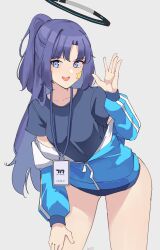 Rule 34 | 1girl, absurdres, black shirt, blue archive, blue buruma, blue eyes, blue jacket, blush, breasts, buruma, collarbone, facial mark, gar32, grey background, halo, hand up, highres, jacket, lanyard, leaning forward, long hair, long sleeves, looking at viewer, medium breasts, off shoulder, open clothes, open jacket, parted bangs, ponytail, puffy long sleeves, puffy sleeves, purple hair, shirt, short sleeves, simple background, solo, standing, star (symbol), track jacket, very long hair, yuuka (blue archive), yuuka (track) (blue archive)