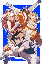 1girl 2boys blonde_hair blue_background blue_eyes blue_footwear blue_shirt boots border facial_mark forehead_protector green_eyes haruno_sakura highres holding holding_scroll holding_shuriken holding_weapon jacket konohagakure_symbol kunai long_hair looking_at_viewer multiple_boys naruto naruto_(series) one_eye_closed orange_jacket orange_pants outside_border pants pink_hair pnpk_1013 red_eyes red_shirt scroll shirt short_hair short_sleeves shorts shuriken simple_background sleeveless sleeveless_shirt spiked_hair toeless_footwear uchiha_sasuke uzumaki_naruto weapon whisker_markings white_border white_shorts