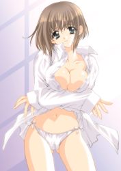 Rule 34 | 1girl, absurdres, aqua eyes, breasts squeezed together, breasts, brown hair, carnelian, crossed arms, dress shirt, highres, large breasts, no pants, open clothes, open shirt, original, panties, shirt, short hair, side-tie panties, smile, solo, underwear, white panties