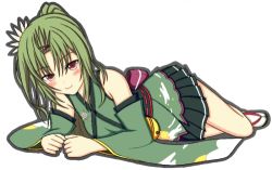 Rule 34 | 1girl, ahoge, bangs pinned back, bell, black skirt, blush, breasts, clenched hands, detached sleeves, flower, flower knight girl, full body, green hair, green kimono, hair flower, hair ornament, japanese clothes, kimono, long hair, looking at viewer, lowres, lying, mun (gunma), on side, outline, parted bangs, ponytail, sandals, sankaku saboten (flower knight girl), simple background, skirt, small breasts, smile, solo, white background, white legwear, wide sleeves