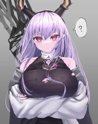 Rule 34 | 1girl, ?, arknights, arrow (projectile), black hairband, breasts, cleavage, crossed arms, hairband, highres, horns, large breasts, long hair, lycoris-fullbloom, purple eyes, purple hair, quiver, spoken question mark, torn clothes, typhon (arknights)