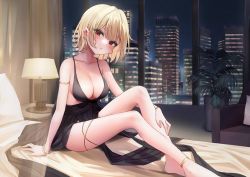 Rule 34 | 1girl, anklet, armlet, ass, bad id, bad pixiv id, bed sheet, black bra, black dress, blonde hair, blush, bra, bracelet, breasts, chirang, cleavage, coach, collarbone, crossed ankles, curtains, cushion, dress, earrings, highres, hotel, indoors, jewelry, knees up, lamp, large breasts, looking at viewer, mole, mole under eye, night, on bed, original, pearl bracelet, pillow, plant, red eyes, short hair, sitting, solo, thighlet, thighs, underwear, window, wristlet