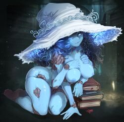 Rule 34 | 1girl, blue skin, book, book stack, breasts, colored skin, commentary, cracked skin, doll joints, elden ring, english commentary, extra arms, extra faces, full body, glowing, hat, hat ornament, highres, jewelry, joints, justrube, kneeling, large breasts, large hat, leaning on object, looking at viewer, nipples, one eye closed, ranni the witch, ring, signature, site of grace, solo, witch hat