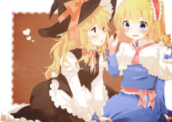 Rule 34 | 2girls, alice margatroid, aoi (annbi), apron, ascot, bell, black dress, blonde hair, blue dress, blue eyes, blush, capelet, chocolate, couple, dress, eye contact, hair bell, hair ornament, hairband, hat, heart, highres, juliet sleeves, kirisame marisa, lolita hairband, long hair, long sleeves, looking at another, multiple girls, open mouth, puffy sleeves, sash, shanghai doll, short hair, touhou, waist apron, witch hat, yellow eyes, yuri