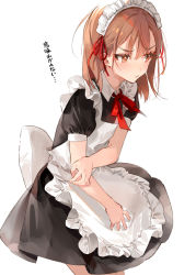 Rule 34 | 1girl, alternate costume, annoyed, apron, blush, brown eyes, brown hair, commentary request, cowboy shot, dsmile, hair ornament, hair ribbon, highres, holding own arm, long hair, looking to the side, maid, maid apron, maid headdress, misaka mikoto, pout, ribbon, simple background, solo, toaru kagaku no railgun, toaru majutsu no index, white background