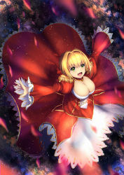 Rule 34 | 10s, 1girl, :d, ahoge, blonde hair, breasts, dress, epaulettes, fate/extra, fate (series), from above, full body, green eyes, hair ribbon, large breasts, long sleeves, nero claudius (fate), nero claudius (fate) (all), nero claudius (fate/extra), open mouth, outstretched arms, red dress, red ribbon, ribbon, smile, solo, sparkle, spread arms, xiaosan ye