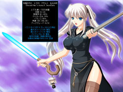 Rule 34 | 1girl, blue eyes, china dress, chinese clothes, concealed weapon, doll, dress, kafu (logaemon), mabinogi, nao (mabinogi), open mouth, side slit, silver hair, solo, sword, sword cane, thighhighs, twintails, weapon