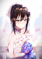 Rule 34 | 10s, 1girl, absurdres, aqua eyes, backlighting, bad id, bad pixiv id, bare arms, bare shoulders, blue flower, blue rose, blush, bouquet, bow, bridal veil, bride, brown hair, choker, closed mouth, collarbone, commentary request, day, dress, elbow gloves, eyelashes, flat chest, flower, gloves, hair between eyes, highres, holding, holding bouquet, hplay, idolmaster, idolmaster cinderella girls, idolmaster cinderella girls starlight stage, jewelry, necklace, pink choker, railing, rose, see-through, shibuya rin, short hair, smile, solo, strapless, strapless dress, striped, striped bow, sunlight, tiara, upper body, veil, wedding dress, white dress, white gloves