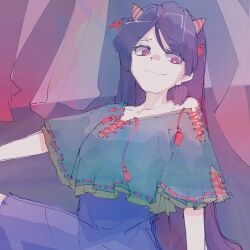 Rule 34 | 1girl, black hair, blue shorts, closed mouth, collarbone, commentary request, cone horns, freeeeza, frilled sleeves, frills, happy, highres, horns, long hair, nippaku zanmu, off-shoulder shirt, off shoulder, red eyes, red ribbon, ribbon, ribbon-trimmed shirt, ribbon-trimmed sleeves, ribbon trim, shirt, short sleeves, shorts, smile, solo, tassel, touhou, very long hair, yellow horns
