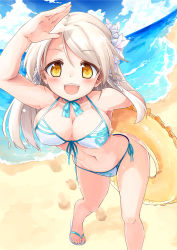 Rule 34 | 1girl, :d, arm up, bare legs, beach, bikini, blue hair, breasts, cleavage, day, feet, flip-flops, front-tie top, hair ornament, innertube, large breasts, long hair, naka akira, navel, open mouth, original, outdoors, sandals, shading eyes, side-tie bikini bottom, smile, solo, swim ring, swimsuit, toes, water, white hair, yellow eyes