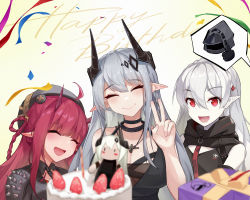 Rule 34 | 1other, 3girls, :d, ^ ^, absurdres, arknights, bare shoulders, black dress, black shirt, blurry, blurry foreground, blush, box, braid, breasts, cake, character doll, chibi, chibi inset, cleavage, closed eyes, closed mouth, collared shirt, commentary request, confetti, crown braid, depth of field, doctor (arknights), dress, facing viewer, fang, food, fruit, gift, gift box, grey hair, hair between eyes, hair ornament, hand up, happy birthday, head tilt, highres, horns, large breasts, long hair, looking at viewer, mudrock (arknights), multiple girls, open mouth, pale skin, pointy ears, red eyes, red hair, shirt, sktre12, smile, spikes, strawberry, streamers, v, vigna (arknights), warfarin (arknights)