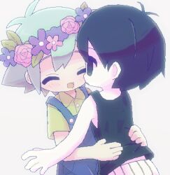 Rule 34 | 2boys, ahoge, basil (headspace) (omori), basil (omori), black eyes, black hair, black shirt, black stripes, black tank top, blue overalls, blush, closed eyes, commentary request, face-to-face, flower, green hair, green shirt, hair between eyes, hands on another&#039;s hips, hands on hip, happy, head wreath, highres, looking at another, male focus, multiple boys, omori, omori (omori), open mouth, overalls, pixel art, shirt, short hair, shorts, sidelocks, smile, sunny (omori), tagme, tank top, trap, upper body, white background, white shorts, yaoi