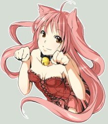 Rule 34 | 1girl, ahoge, animal ears, bad deviantart id, bad id, bell, breasts, brown eyes, cat ears, cleavage, collar, corset, face, jingle bell, long hair, natsuki suzuhara, neck bell, paw pose, pink hair, skirt, smile, solo